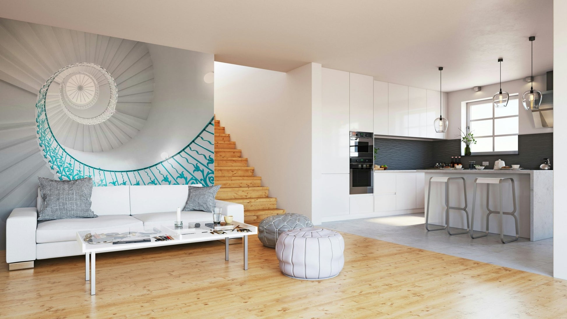 elegant spiral staircase with a teal railing

