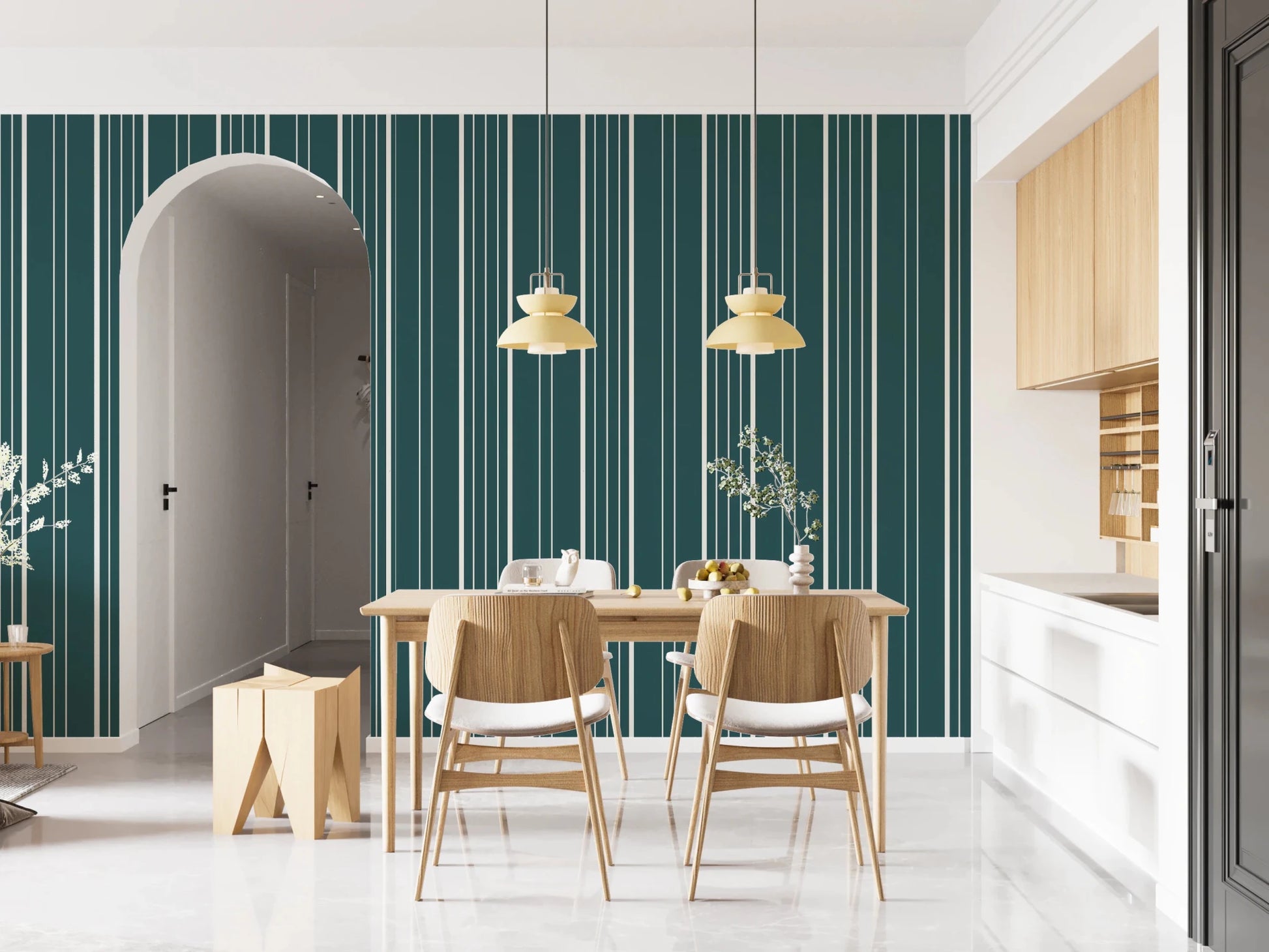 Teal Stripe wallpaper with cream pinstripes beside an arched doorway and wood dining table under yellow pendant lights