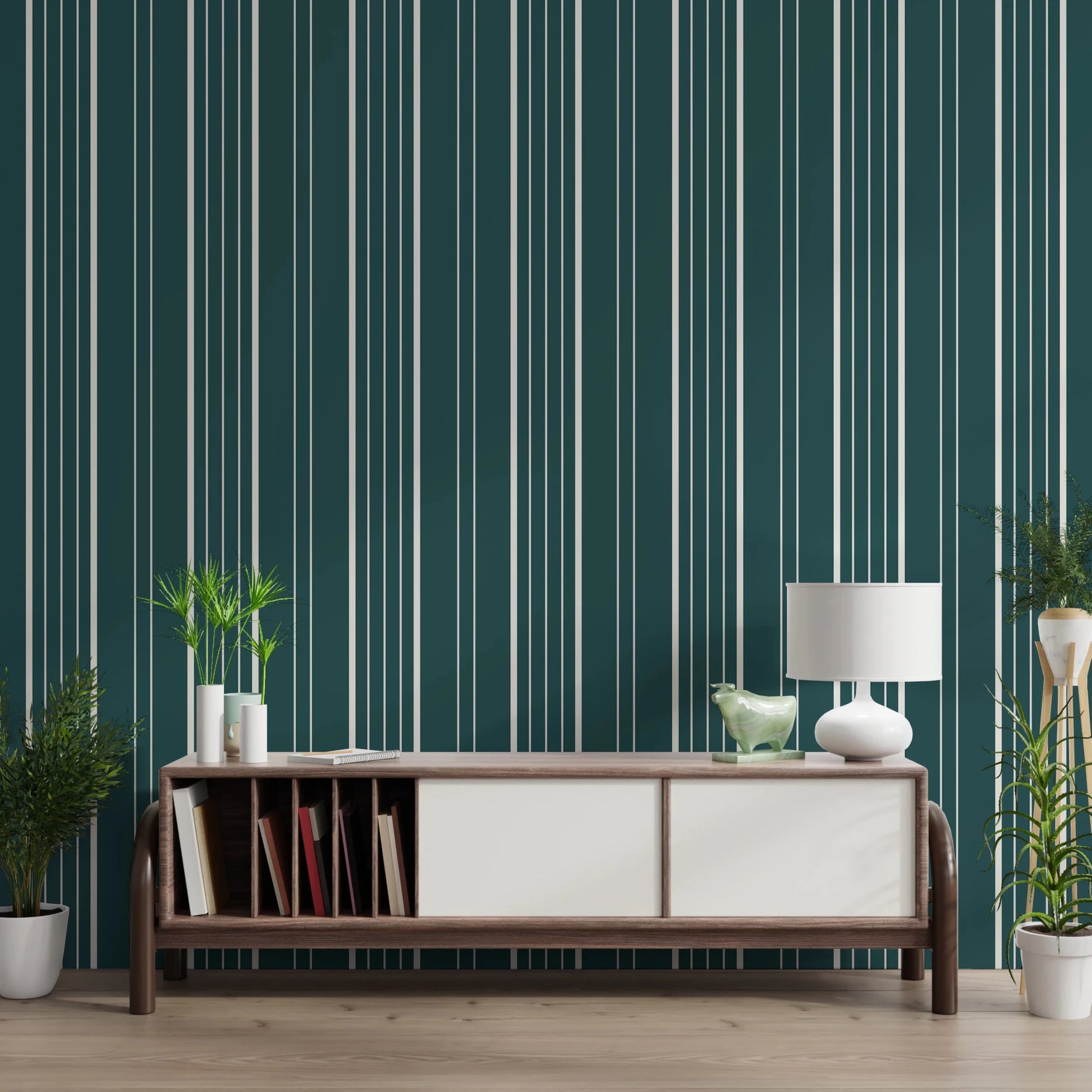 Teal Stripe wallpaper with cream pinstripes behind a dark wood media console flanked by green potted plants