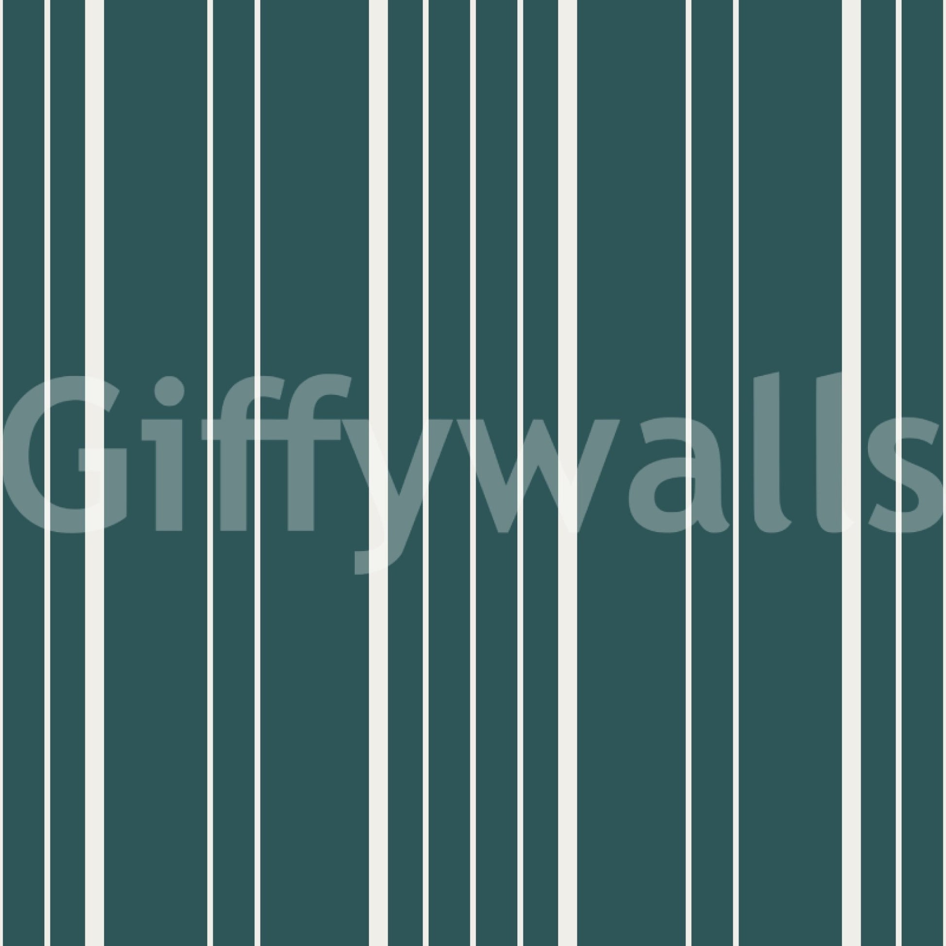 Teal Stripe wallpaper close-up showing the deep teal ground with cream vertical pinstripes of varying widths