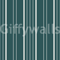 Teal Stripe wallpaper close-up showing the deep teal ground with cream vertical pinstripes of varying widths