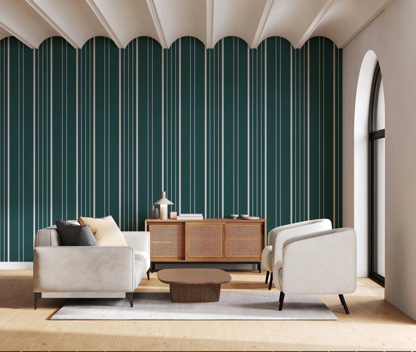 Teal Stripe wallpaper with cream lines under a scalloped ceiling behind cream sofas and a rattan sideboard