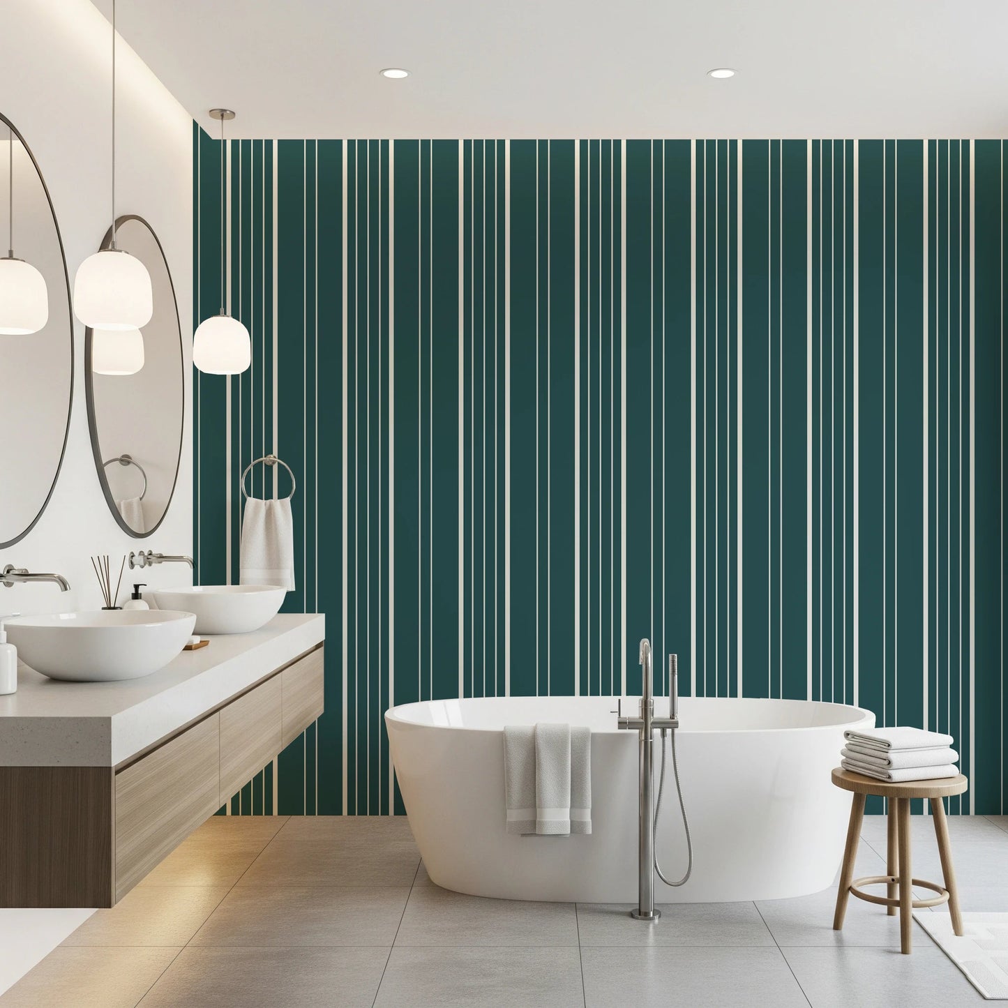 Teal Stripe wallpaper with cream vertical lines behind twin sinks and a freestanding tub in a modern bathroom
