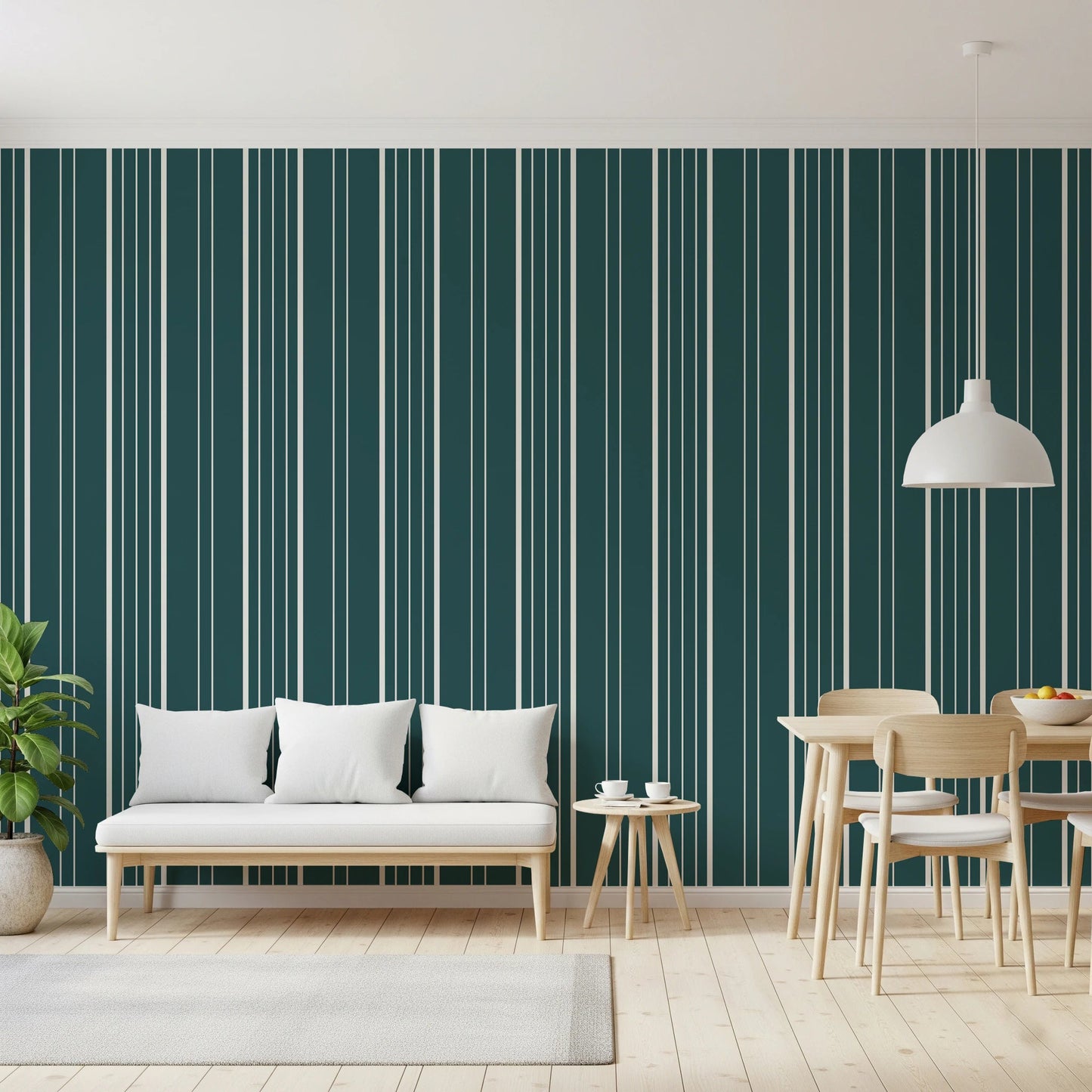 Teal Stripe wallpaper in teal and cream behind a wood bench and dining set under a white dome pendant light