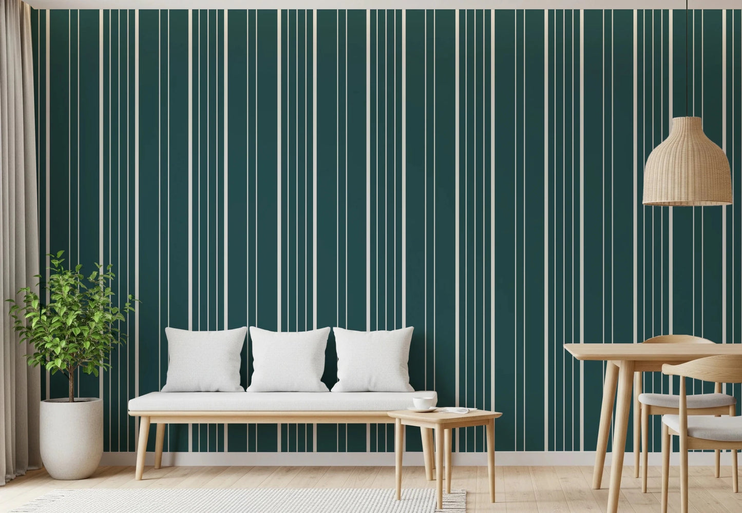 Teal Stripe wallpaper in cream and teal behind a wood bench with white cushions under a woven rattan pendant