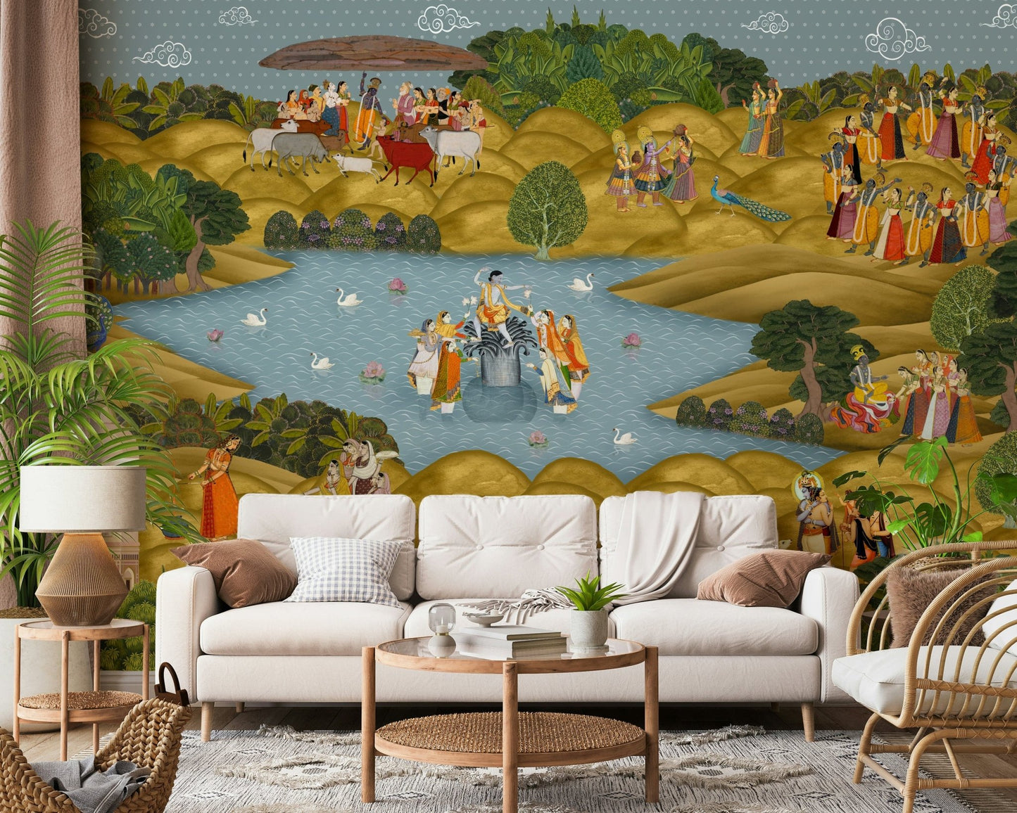 Teal Tapovan mural behind a bed in a modern bedroom setting
