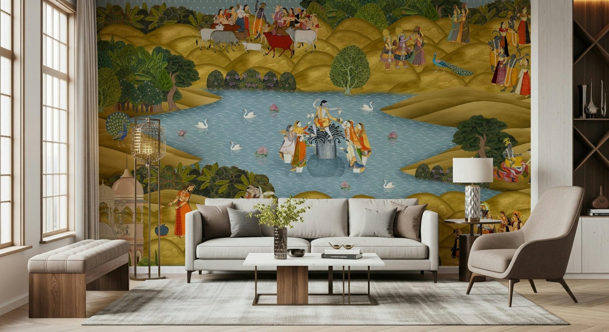 Close-up of Teal Tapovan wall mural with botanical lines and shading