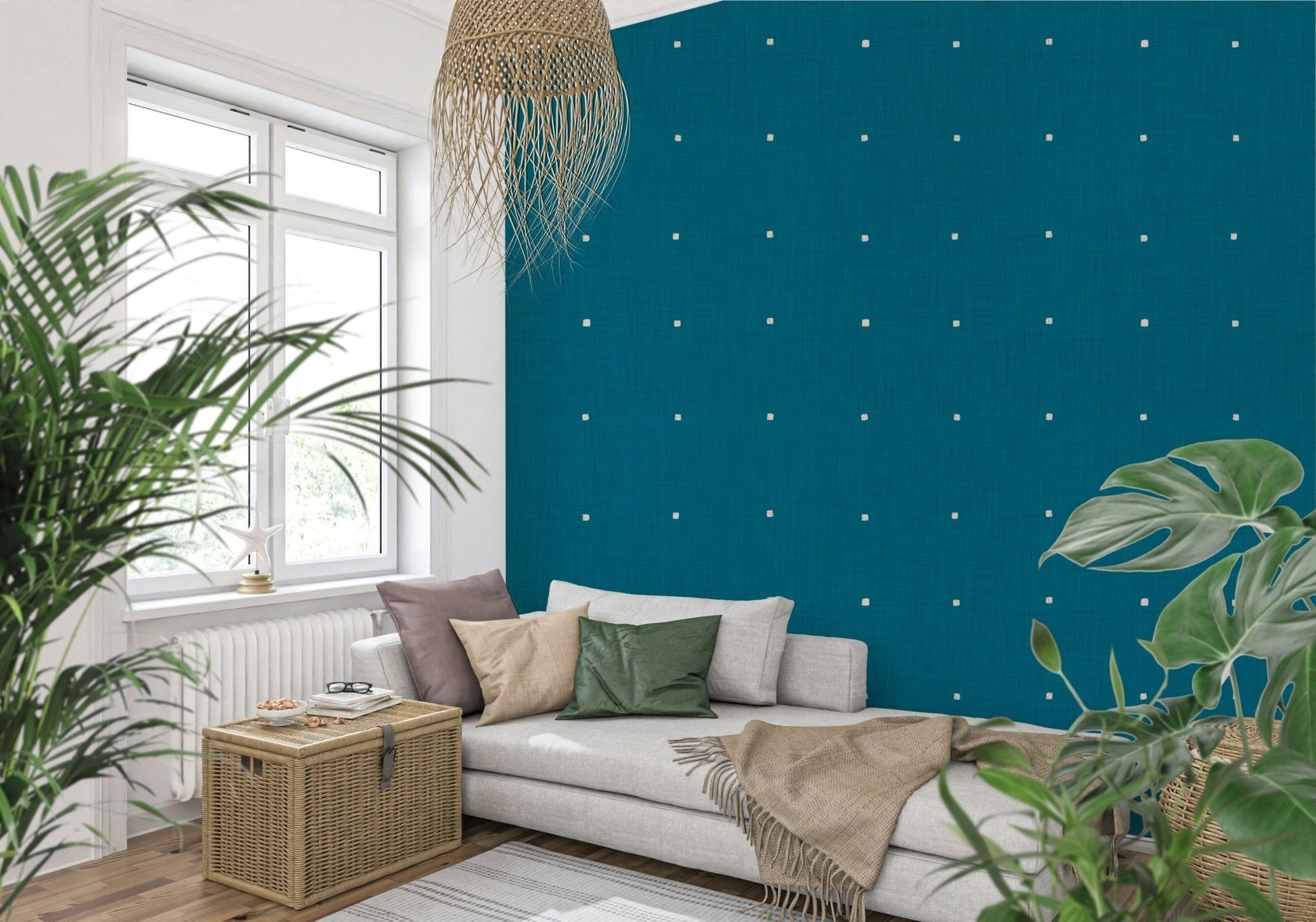 Deep Teal crosshatch wallpaper subtle scattered squares.