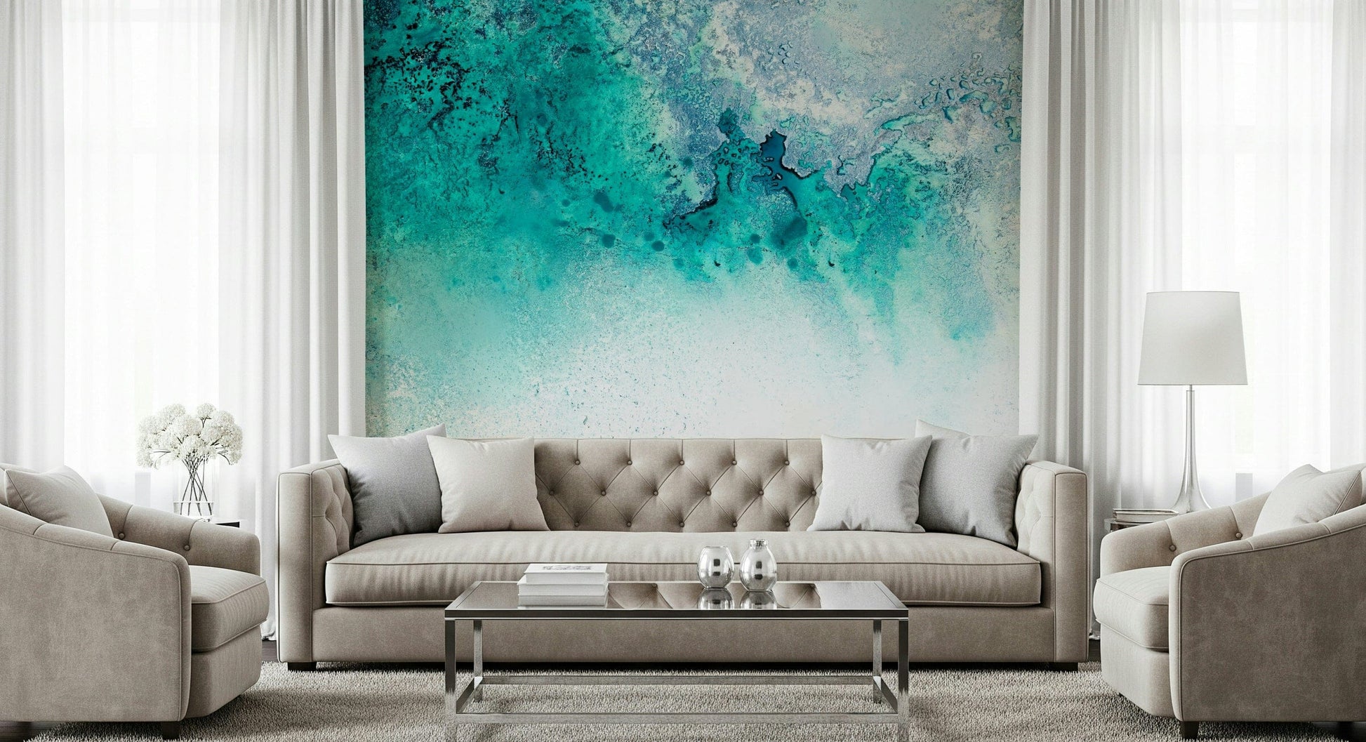 A calming underwater design wallpaper mural that defines a space.