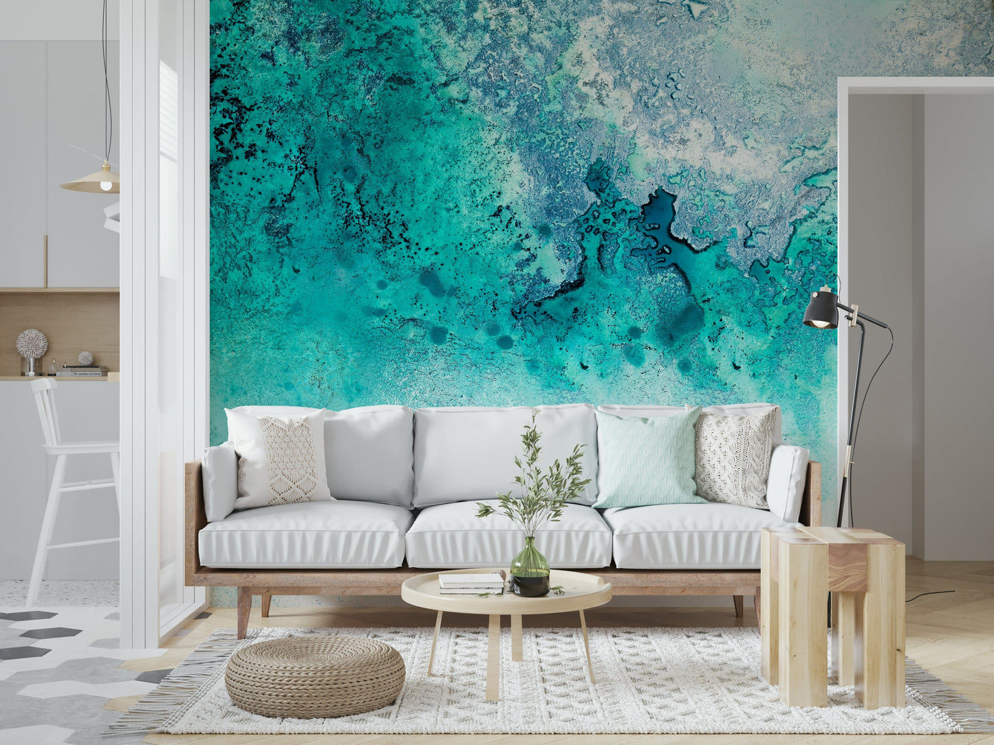 A graceful subtle pattern wall mural in cool, tranquil tones.