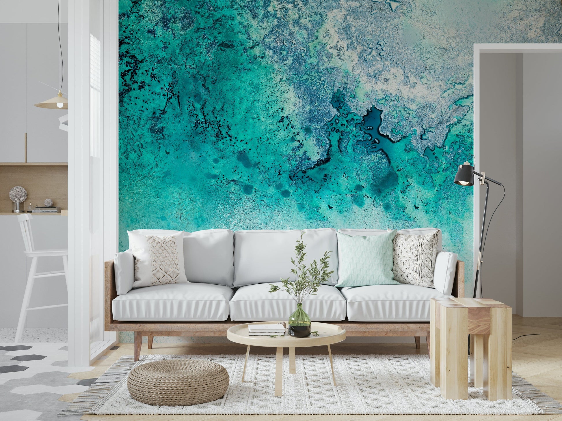A graceful subtle pattern wall mural in cool, tranquil tones.