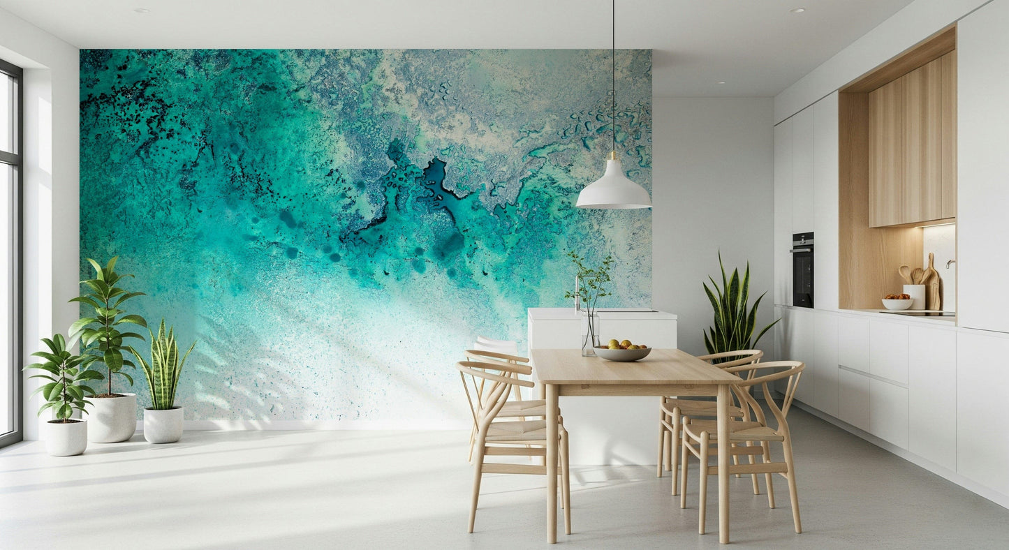 A beautiful abstract tide wallpaper mural in vibrant, teal and deep blue.