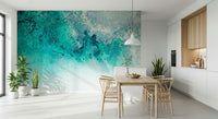 A beautiful abstract tide wallpaper mural in vibrant, teal and deep blue.