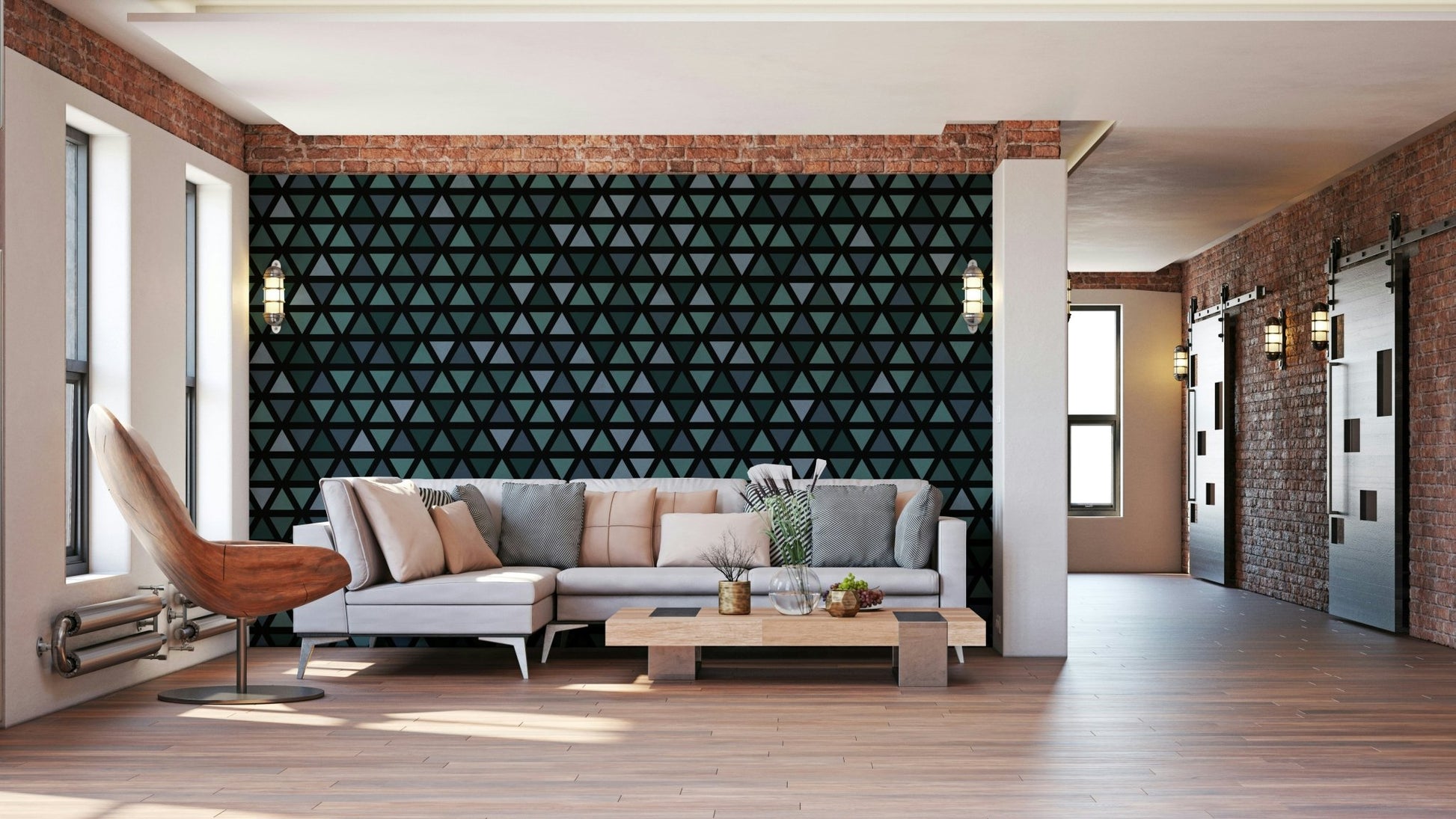 Blue-toned triangle wall mural for a calm and modern space.

