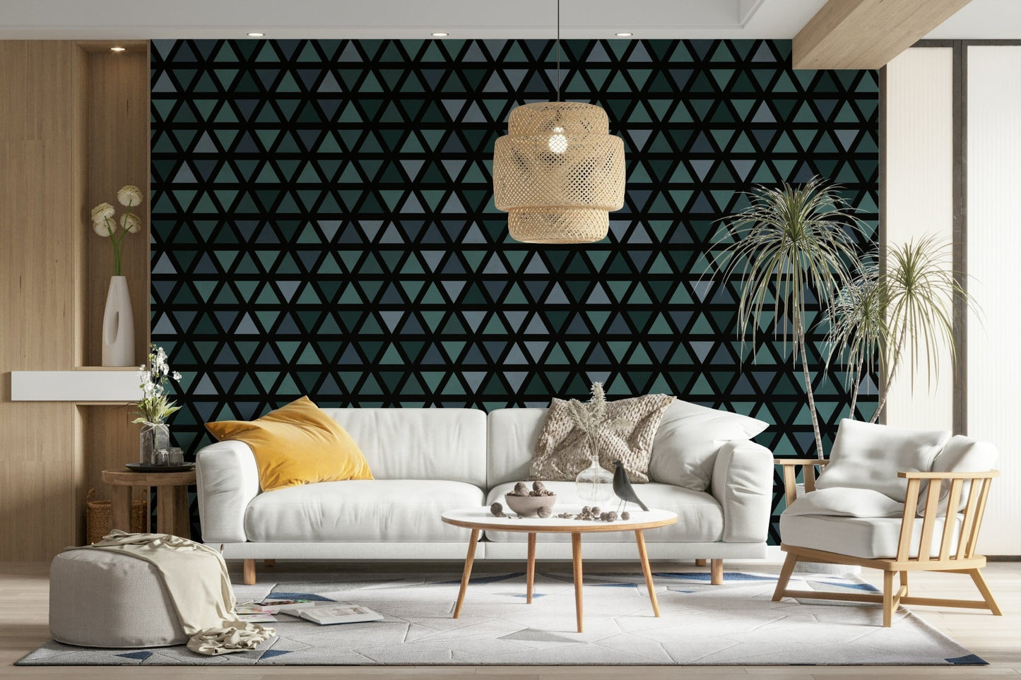 Bold geometric wall mural in shades of teal and soft blue.

