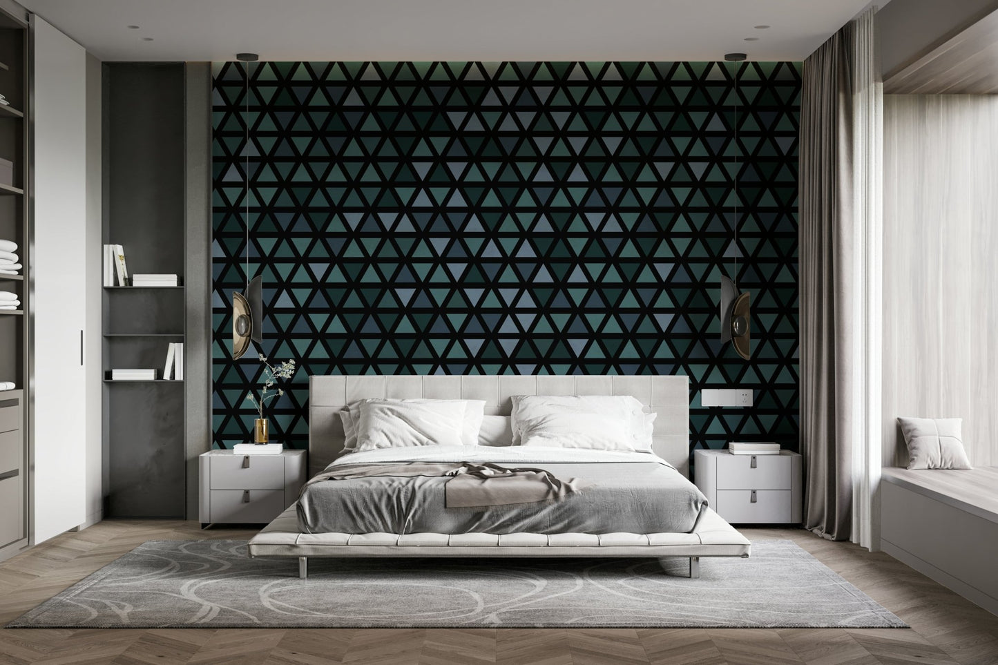 Overlapping teal triangles in a contemporary mural design.

