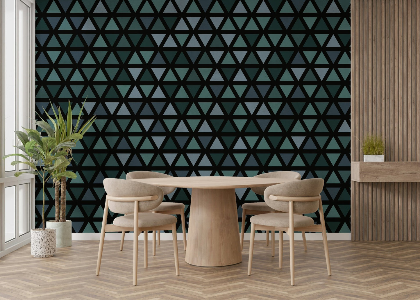 Abstract triangle mural with a modern color palette.

