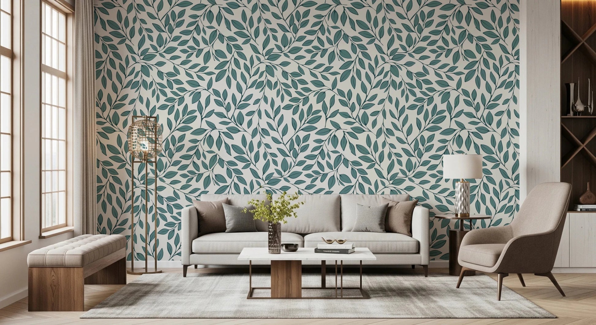 Teal Vines wallpaper with teal foliage on cream behind a beige sofa and upholstered bench in a living room