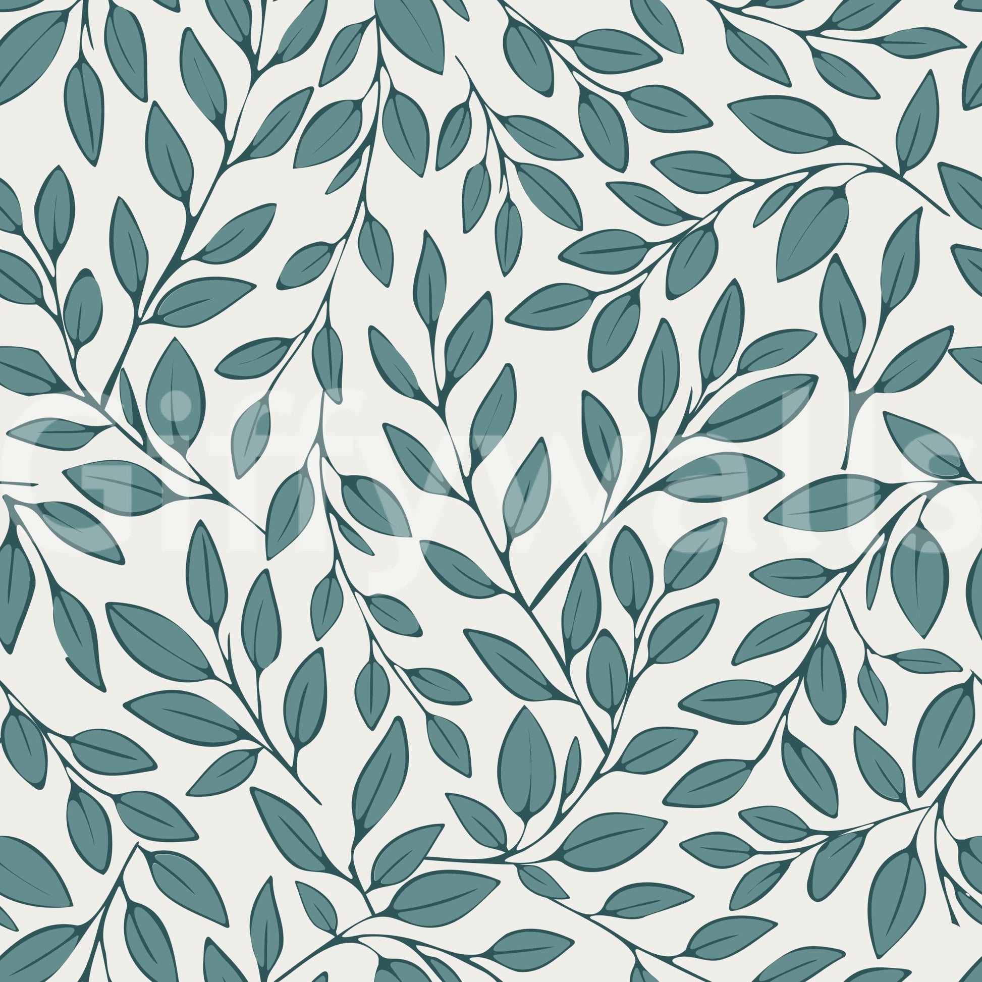 Teal Vines wallpaper close-up showing teal leaves and slender vines on a soft cream ground