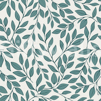 Teal Vines wallpaper close-up showing teal leaves and slender vines on a soft cream ground