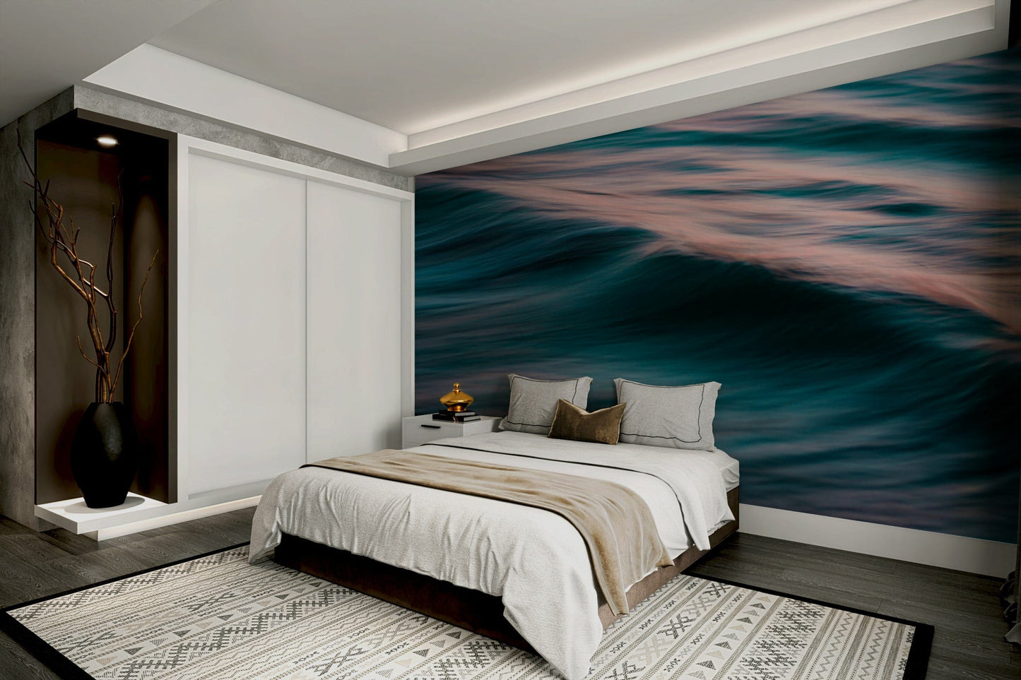 A peaceful open ocean mural on decorative wallpaper.

