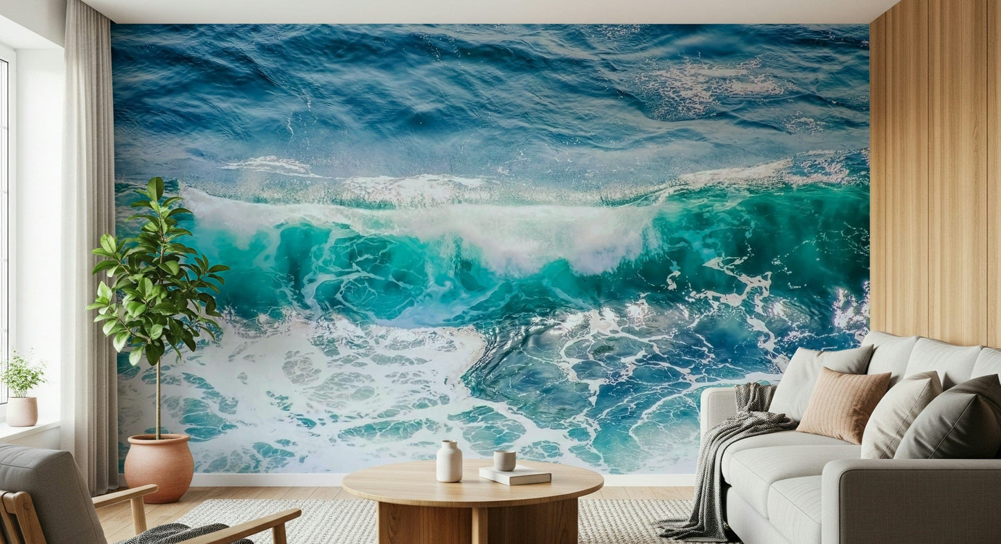 Crashing Teal wall mural aqua blue cresting surf pattern