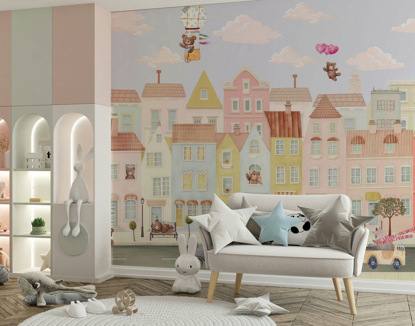 Nursery wall mural showing teddy bear town, simple modern style, beige and pastel tones