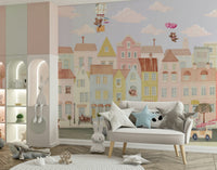 Nursery wall mural showing teddy bear town, simple modern style, beige and pastel tones