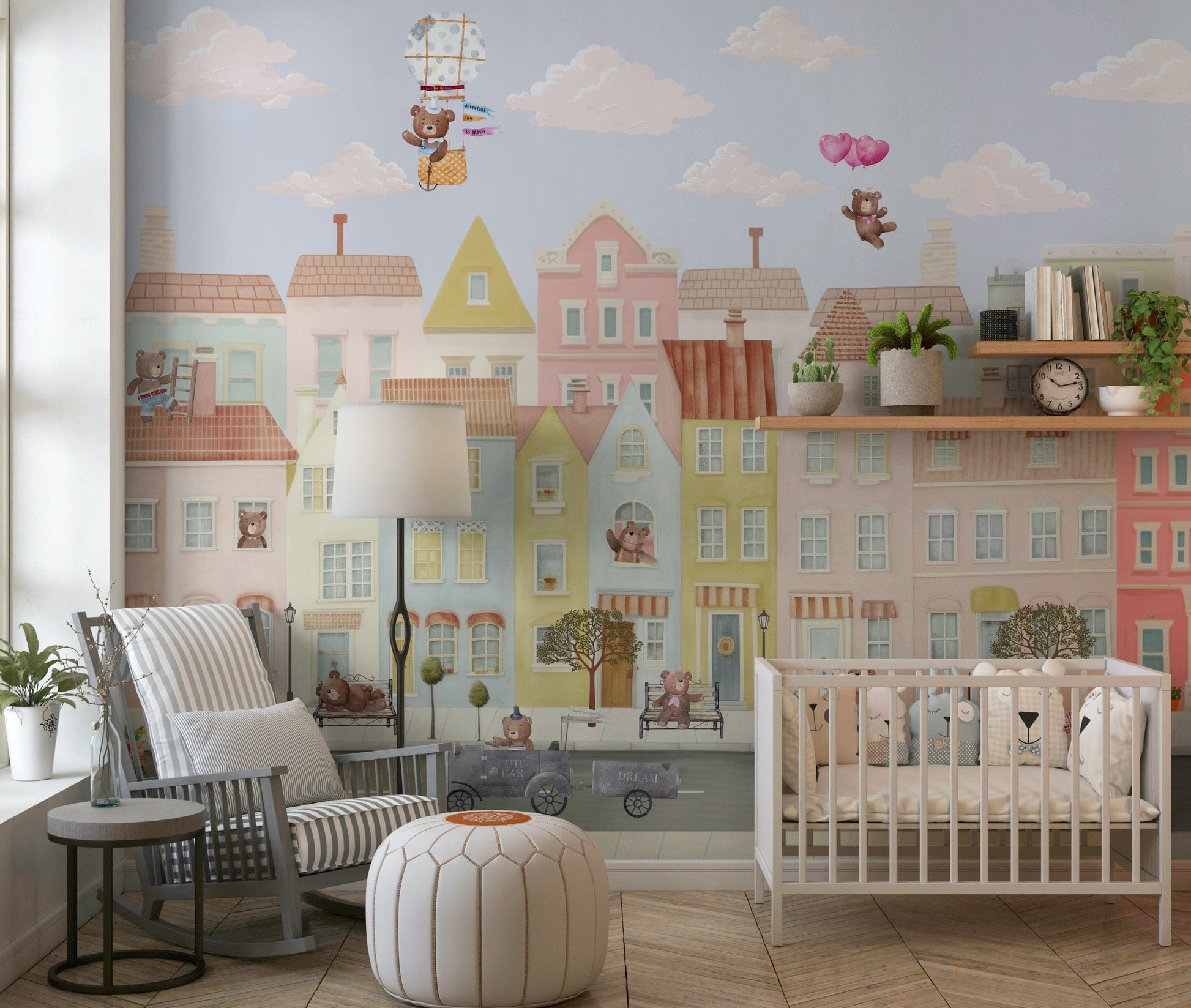 Toddler bedroom wallpaper mural, teddy bear town street, warm color accents, cute decor