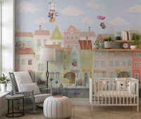 Toddler bedroom wallpaper mural, teddy bear town street, warm color accents, cute decor