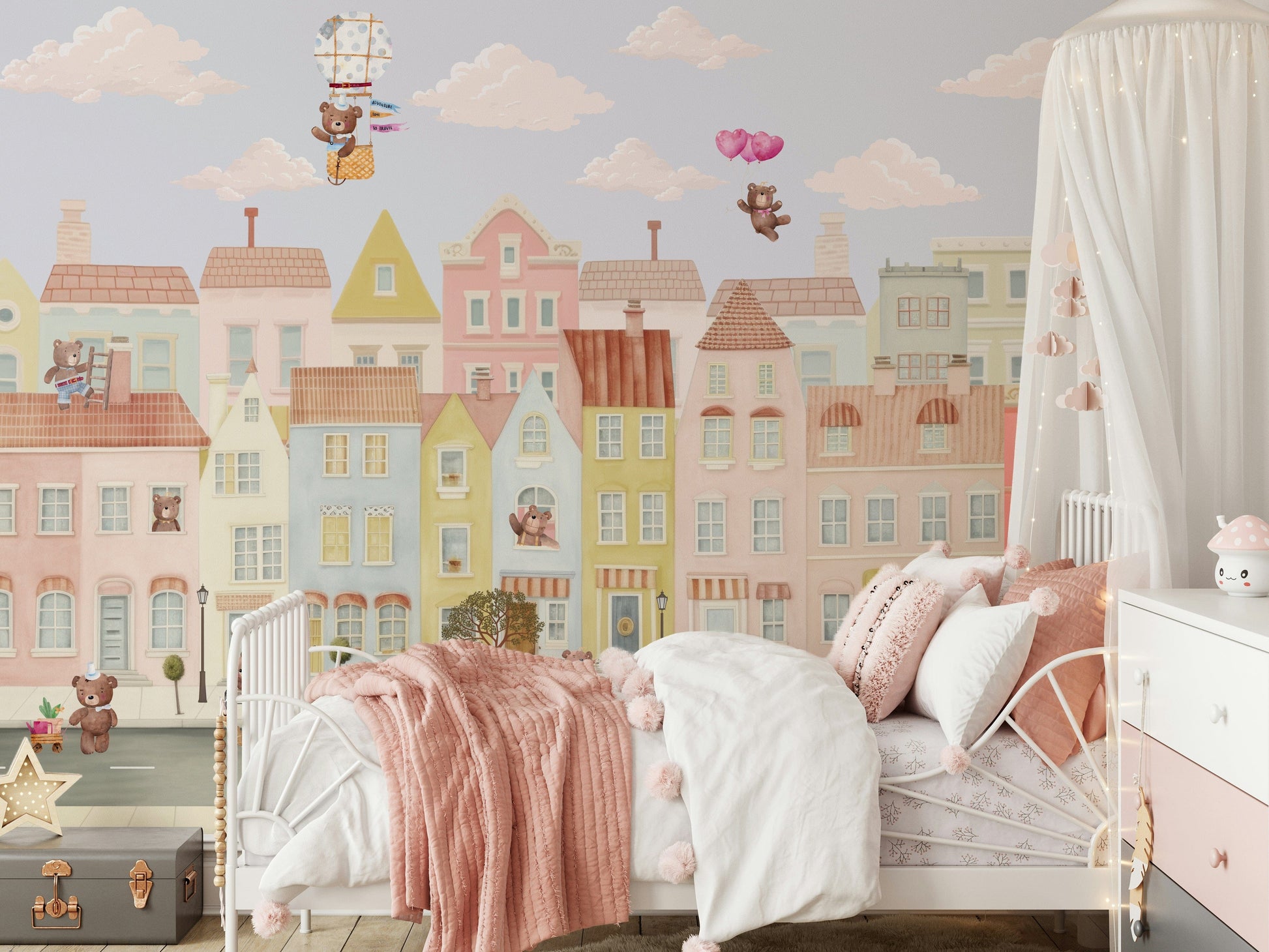 Children’s room wallpaper mural with teddy bears and tiny shops, cozy color theme, wall decor