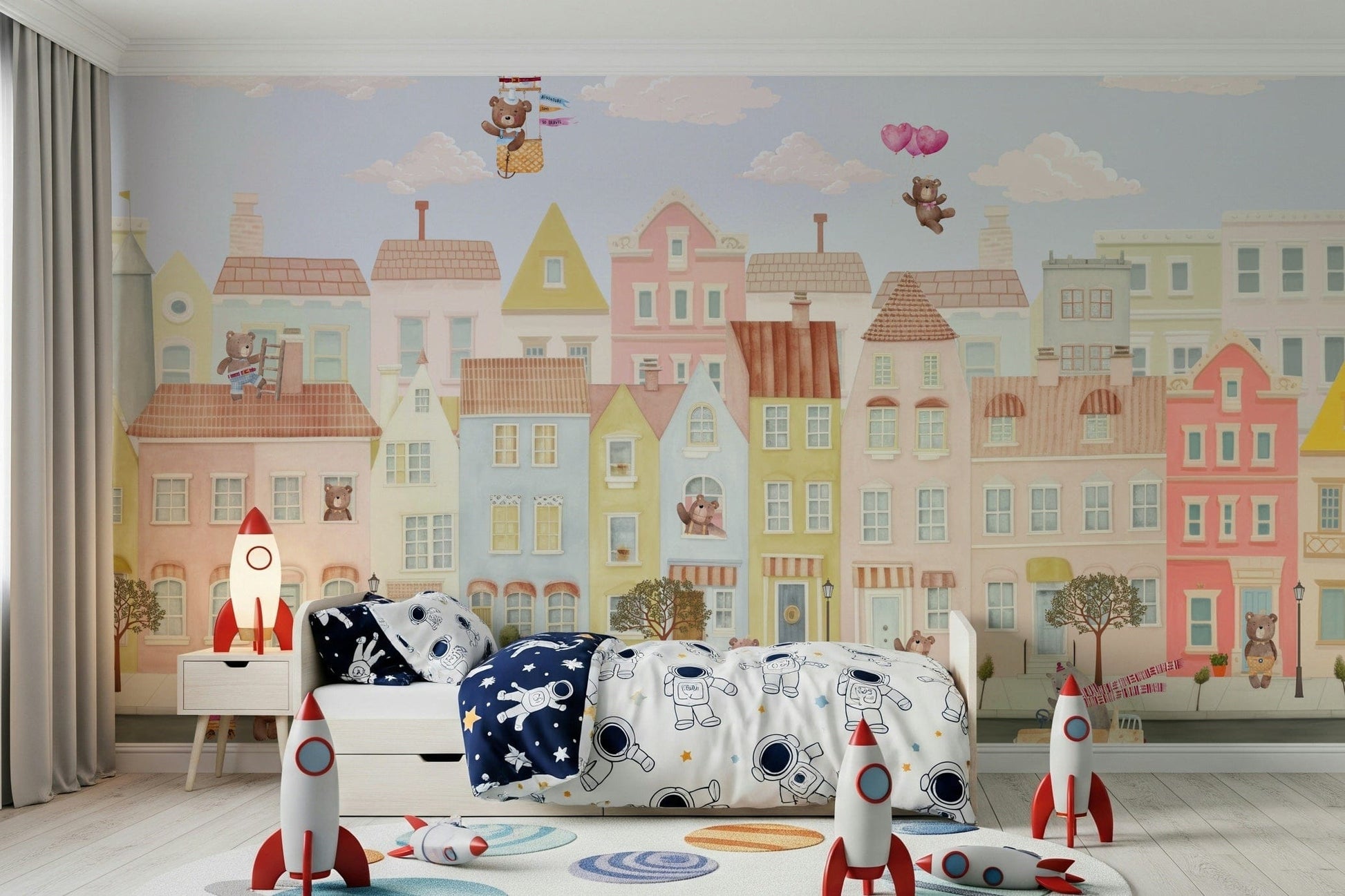 Playroom feature wall with bear town mural, modern line art, pastel color, easy-to-match decor
