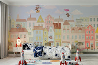 Playroom feature wall with bear town mural, modern line art, pastel color, easy-to-match decor