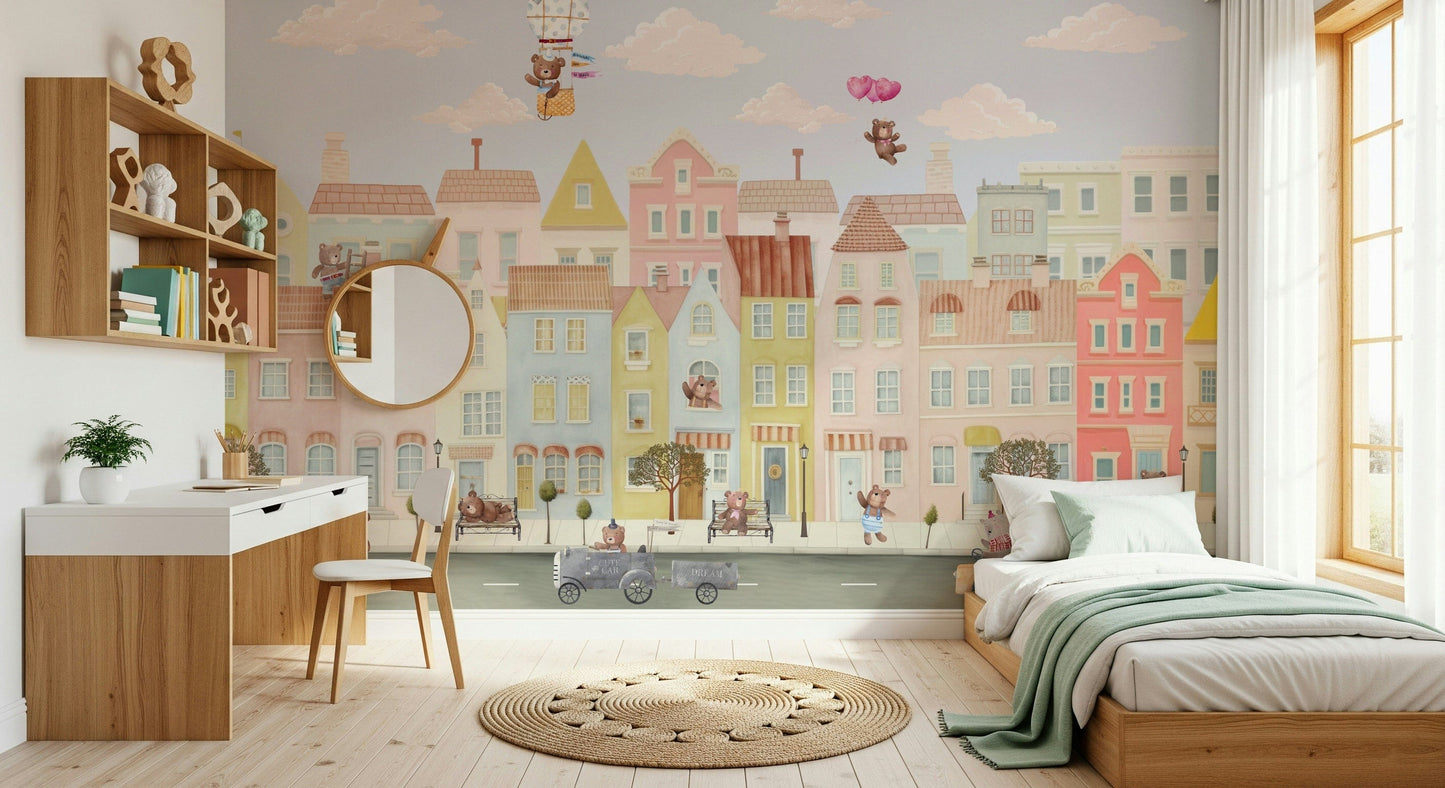 Apartment kids room wall mural with teddy bear neighborhood, pastel color, storybook look