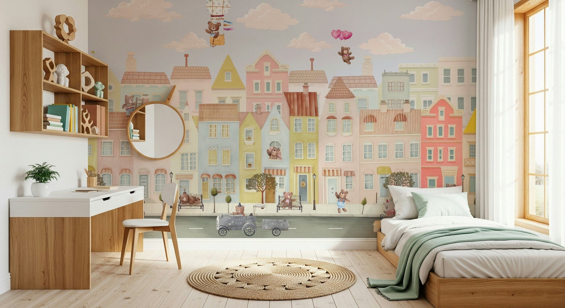 Apartment kids room wall mural with teddy bear neighborhood, pastel color, storybook look