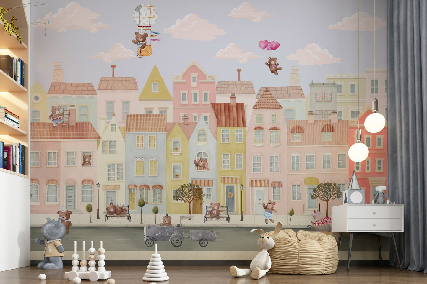 Teddy’s Town Wall Mural in playroom, cute bear street scene, warm color palette, feature wall