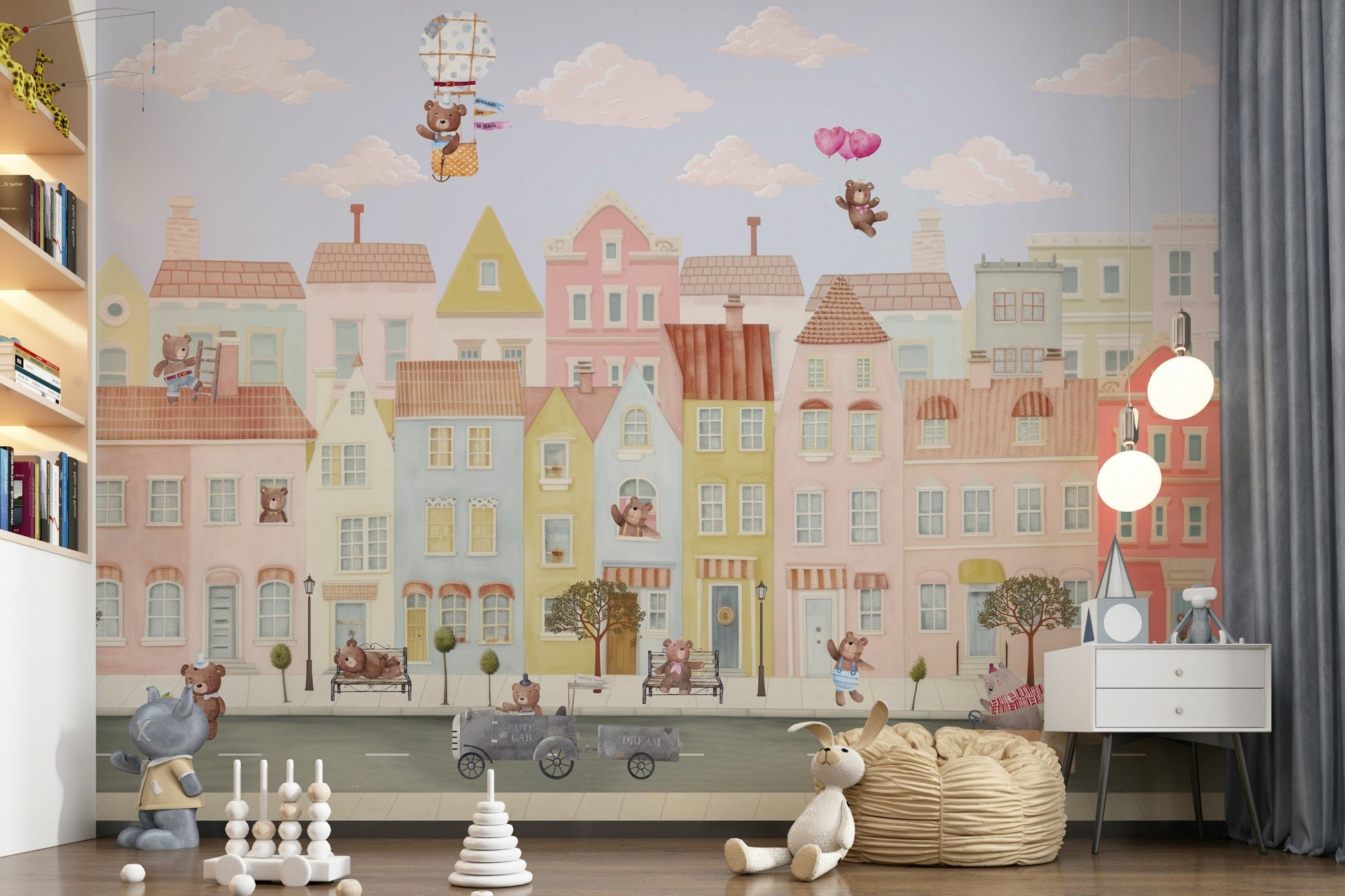 Teddy’s Town Wall Mural in playroom, cute bear street scene, warm color palette, feature wall