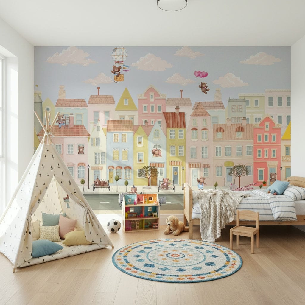 Kids bedroom wall mural with teddy bears, pastel town houses, soft color nursery wall decor