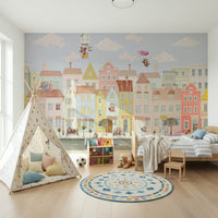 Kids bedroom wall mural with teddy bears, pastel town houses, soft color nursery wall decor