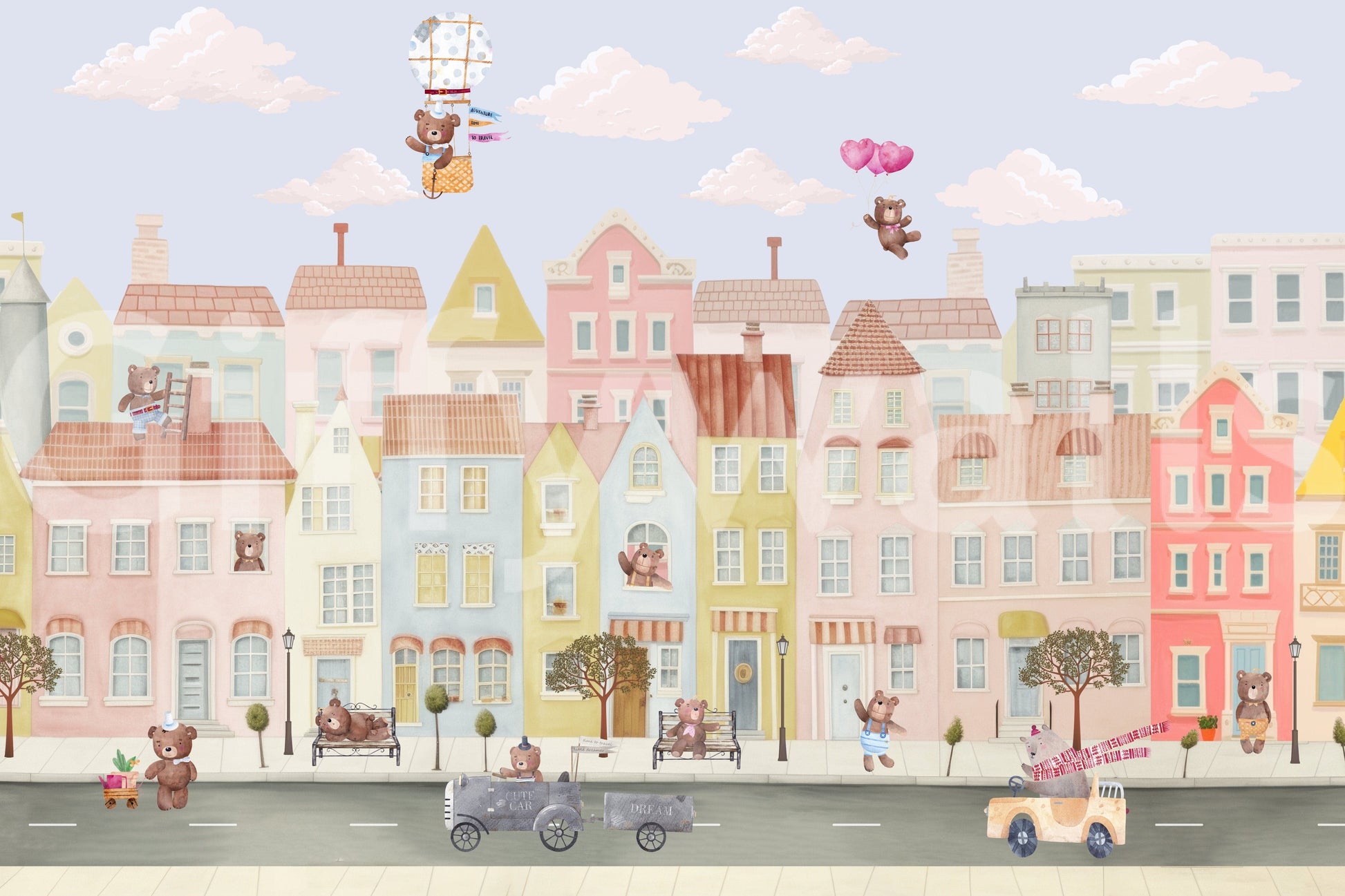 Kids reading corner feature wall with teddy town illustration mural, neutral color, playful vibe