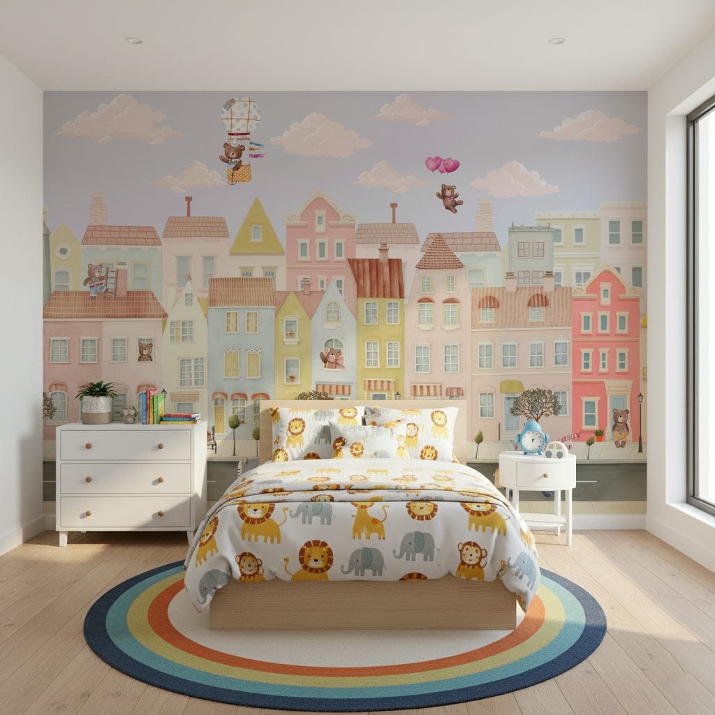 Teddy bear village wall mural behind crib, soft color palette, modern nursery styling