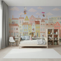Baby nursery wall decor mural with teddy bears in a town scene, muted color, gentle style
