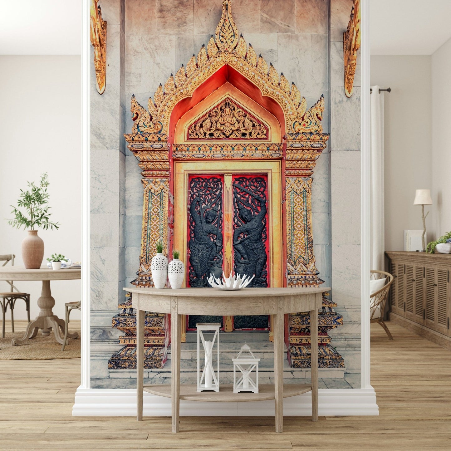 Detailed temple gate mural behind gray sectional, warm tones for living room