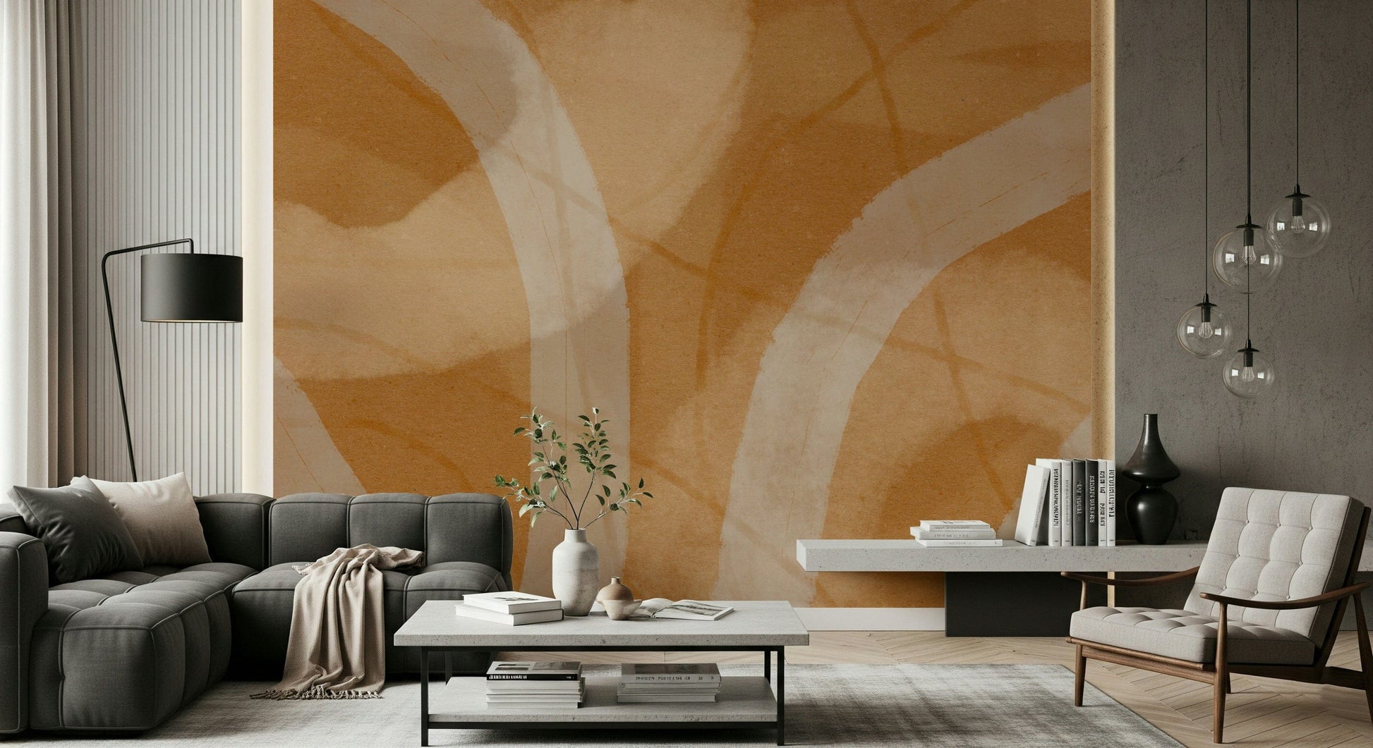 A calming abstract design wallpaper mural that defines a space.