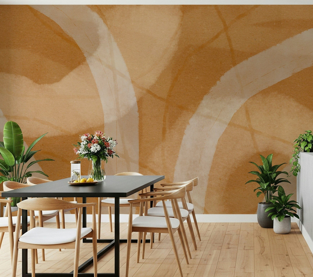 An artistic modern pattern mural on minimalist wallpaper.