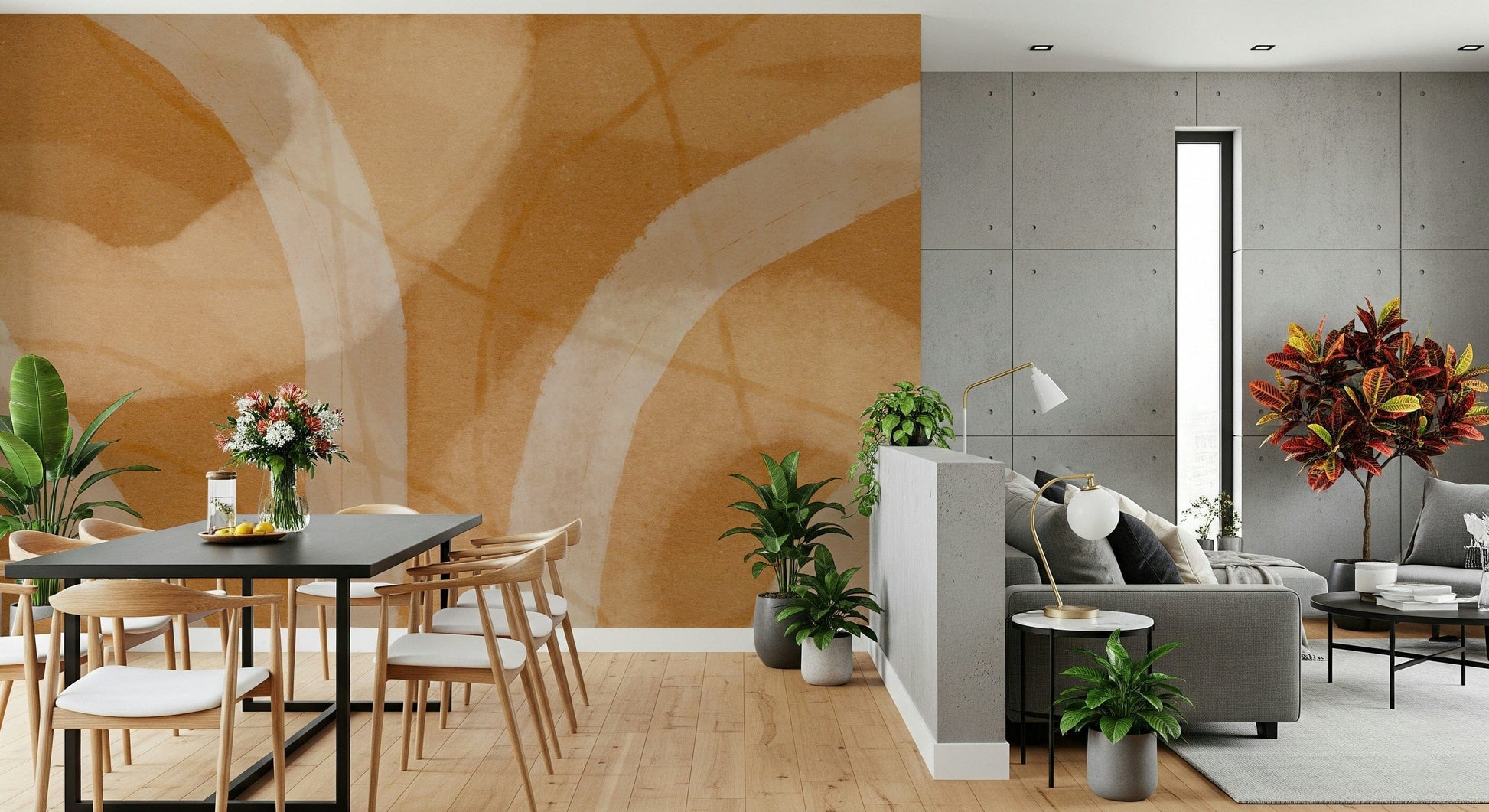 An artistic modern pattern mural on minimalist wallpaper.