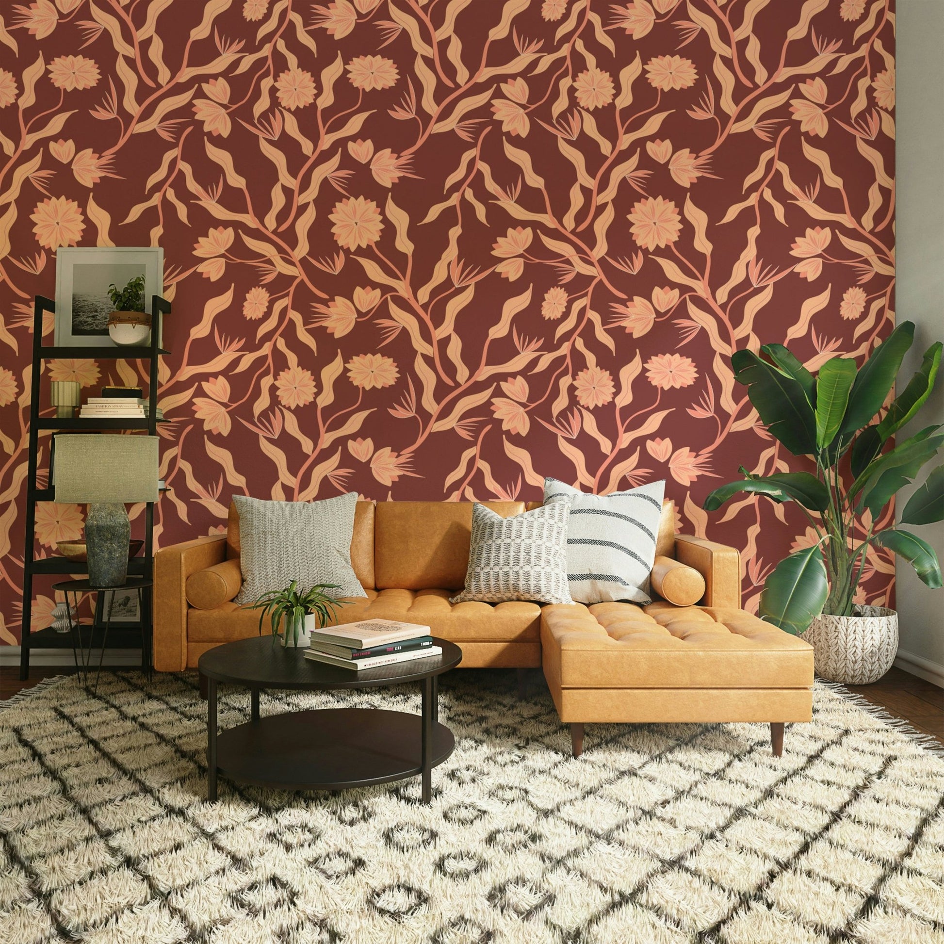 Soft floral wallpaper in grounded, warm palette

