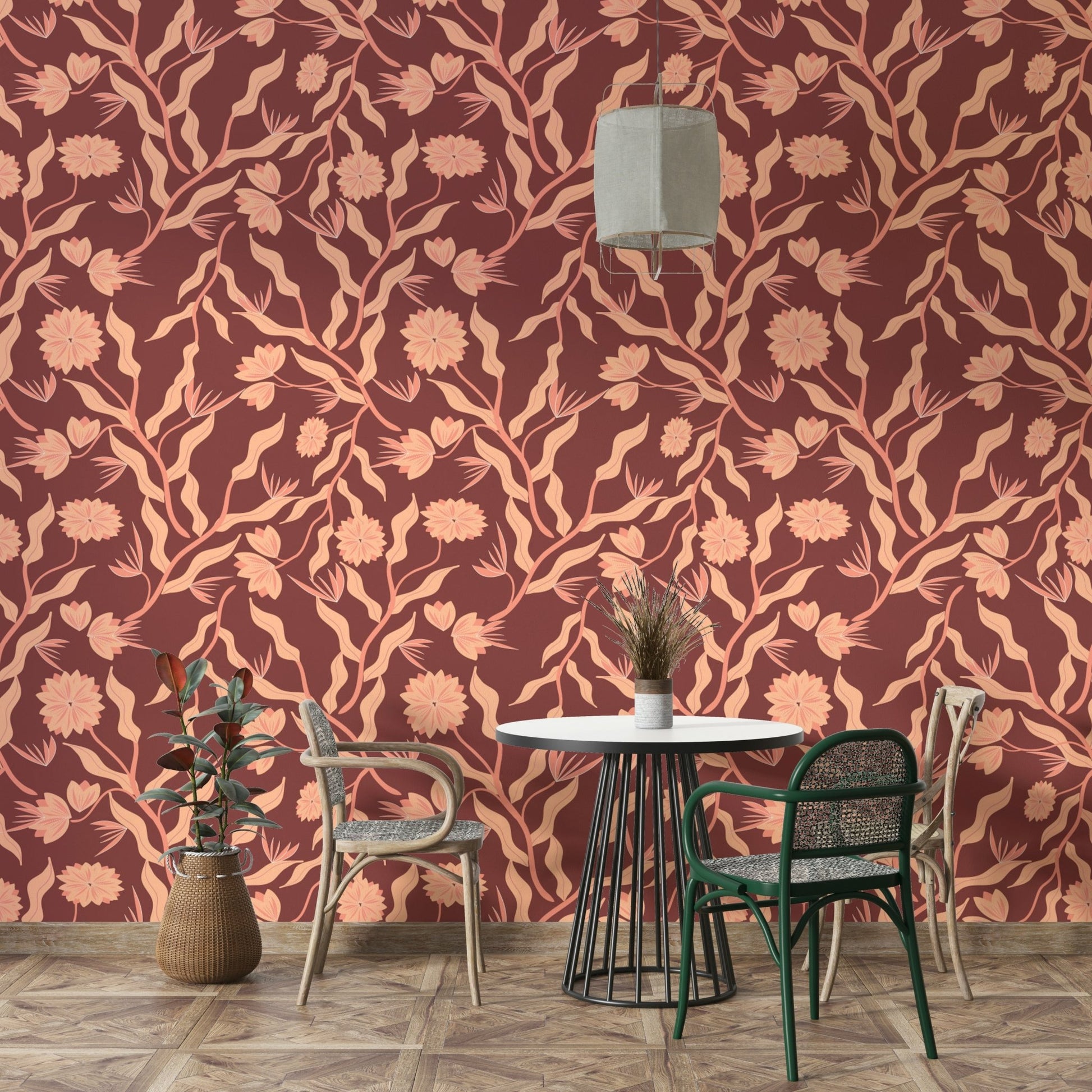 Blooming flower wallpaper in warm rust and blush

