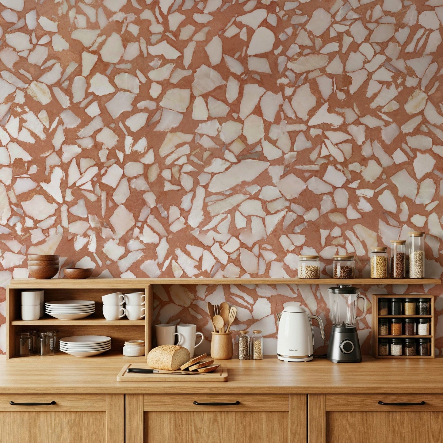 Stone terrazzo wall mural. Earthy red-orange fragment appearance.