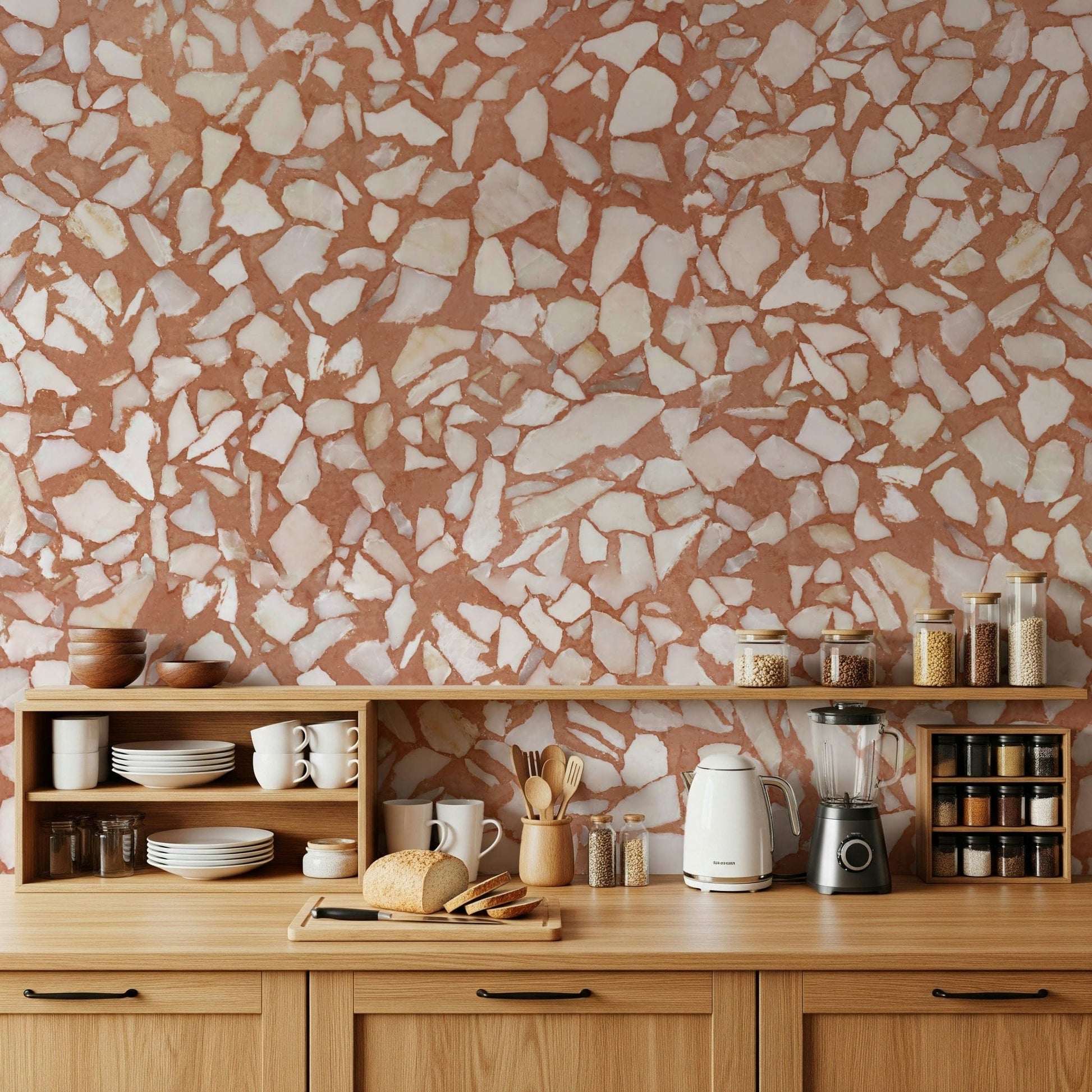 Stone terrazzo wall mural. Earthy red-orange fragment appearance.
